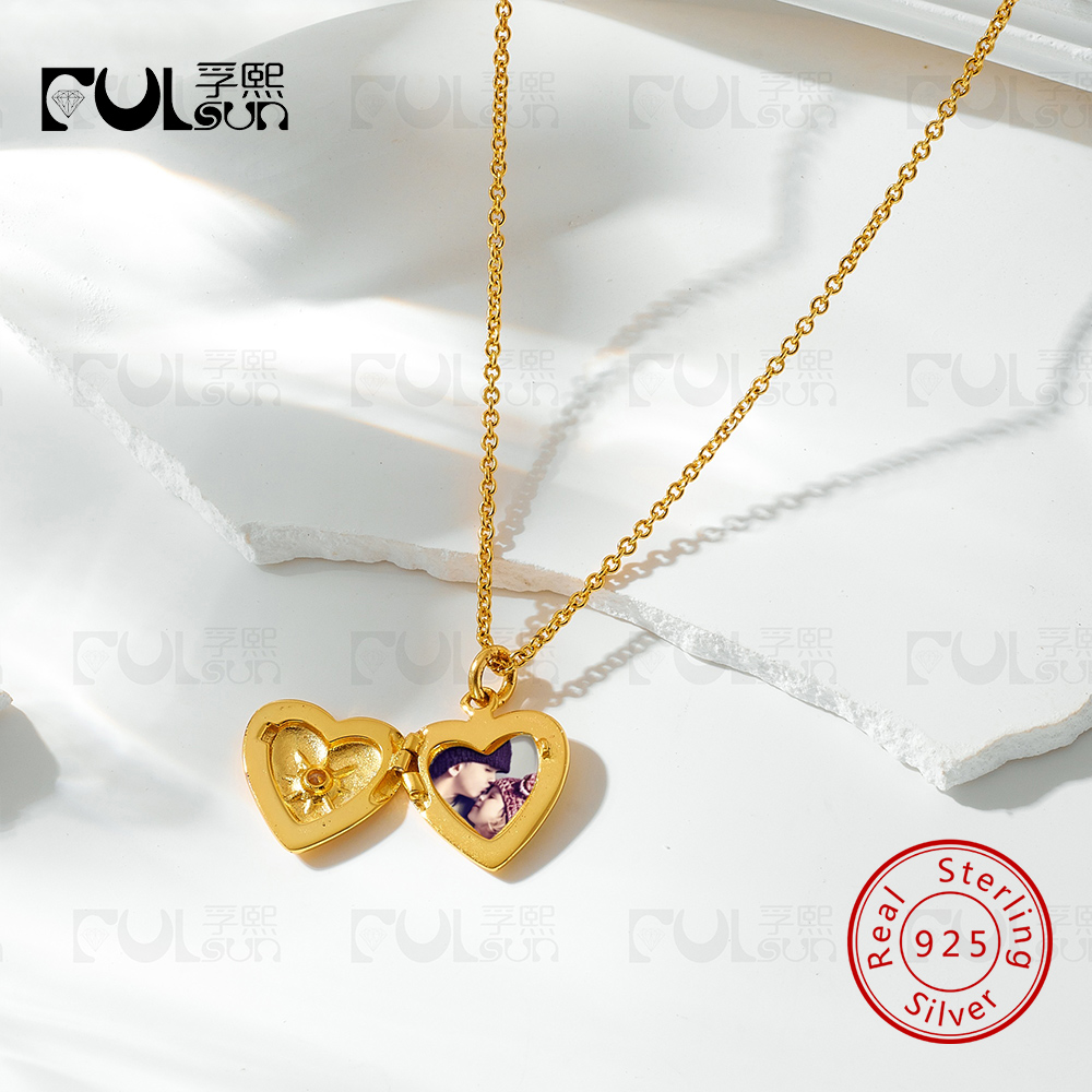 Heart Locket Necklace Photo - 925 Sterling Silber 14K Vergoldete Herz-Foto-Medaillon-Halskette