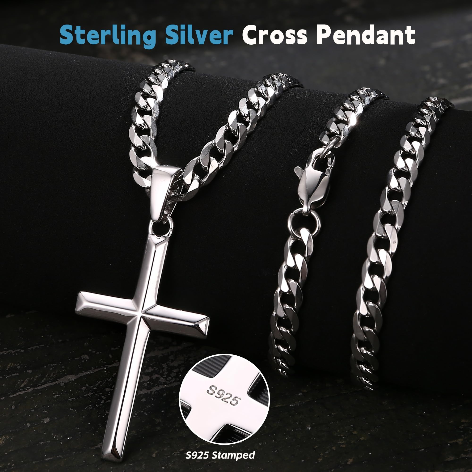 925 Sterling Silver Chain Necklace Men - Fansilver Kreuz-Halskette aus 925er-Sterlingsilber für Männer