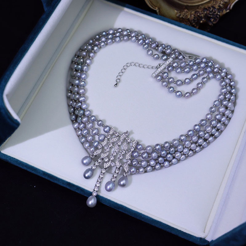 Pearl Choker Necklace Vintage - Süßwasserperlen-Halskette, dreilagiger Vintage-Halsband im Luxus-Design, elegantes